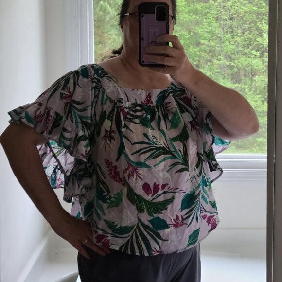 Ruffle Sleeve Peasant Top 1X Terra & Sky Tropical Floral Spring Cotton - Picture 2 of 8
